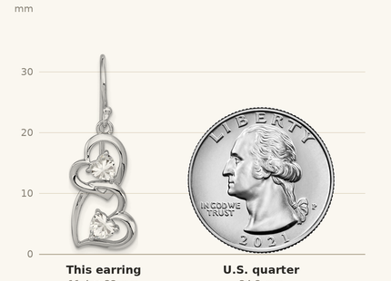 Classique True Size: Sterling Silver RH-plated CZ Heart Dangle Shepherd Hook Earrings shown next to a US quarter (24.3 mm)