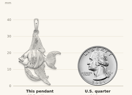 Classique True Size: De-Ani Sterling Silver Rhodium-Plated Polished and Textured 3D Angel Fish Pendant shown next to a US quarter (24.3 mm)