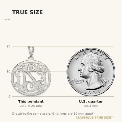 10K White Gold Round Monogram Pendant, 25 x 28mm