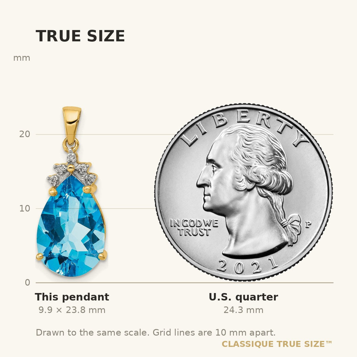 True size: 14k Pear Blue Topaz & Diamond Pendant shown next to a US quarter (24.3 mm)