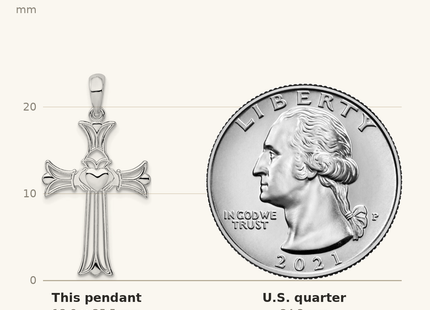 Classique True Size: De-Ani Sterling Silver Rhodium-Plated Polished Cut-Out Claddagh Cross Pendant shown next to a US quarter (24.3 mm)