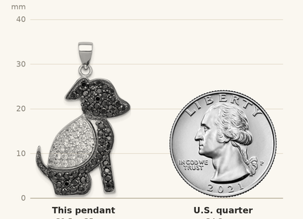 Classique True Size: Sterling Silver Rhodium-plated Black and Clear CZ Dog Pendant shown next to a US quarter (24.3 mm)