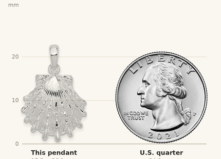 Classique True Size: De-Ani Sterling Silver Rhodium-Plated Polished Large Lions Paw Shell Pendant shown next to a US quarter (24.3 mm)
