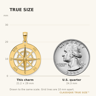 14K Nautical Compass Charm, 29 x 22mm