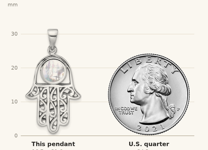 Classique True Size: Sterling Silver Rhodium-Plated Polished Mother of Pearl Hamsa Pendant shown next to a US quarter (24.3 mm)