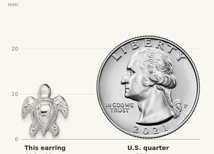 Classique True Size: De-Ani Sterling Silver Rhodium-Plated Polished Mini Sea Turtle Post Earrings shown next to a US quarter (24.3 mm)