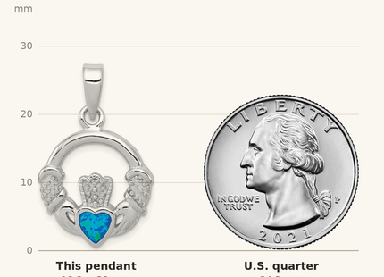 Classique True Size: Sterling Silver Rhodium-plated Lab Created Blue Opal Inlay Claddagh Pendant shown next to a US quarter (24.3 mm)