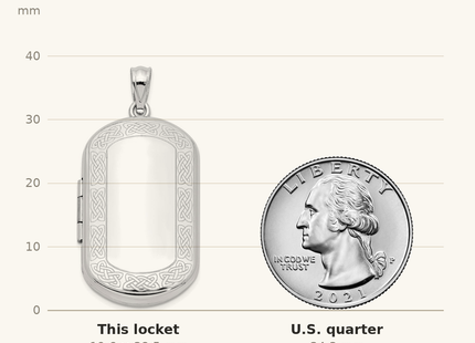 Classique True Size: Sterling Silver Rhodium-plated Celtic Border Rectangular Locket shown next to a US quarter (24.3 mm)