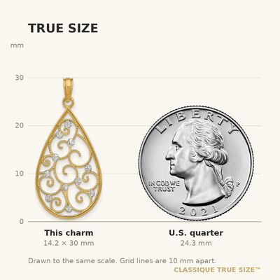 14K w/Rhodium Beaded Filigree D/C Teardrop Charm, 30 x 16mm