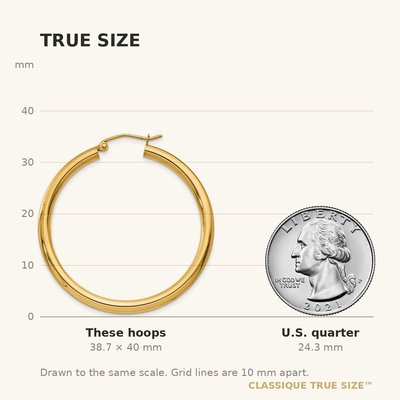 14K Polished Lightweight Tube Hoop Earrings, 40 x 3mm