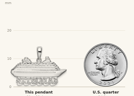 Classique True Size: De-Ani Sterling Silver Rhodium-Plated Polished St. Thomas Cruise Ship Pendant shown next to a US quarter (24.3 mm)