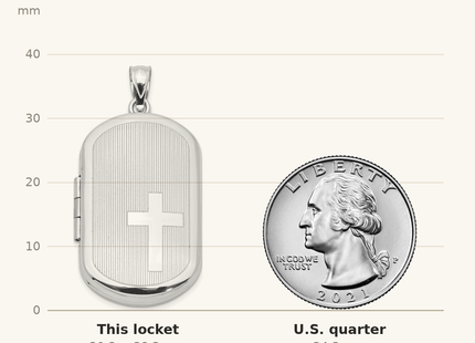 Classique True Size: Sterling Silver Rhodium-plated Cross Rectangular Locket shown next to a US quarter (24.3 mm)