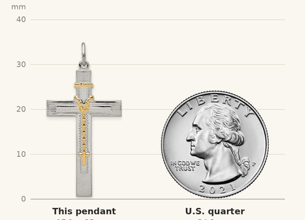 Classique True Size: Sterling Silver Platinum-plated & Gold-tone Rosary on Cross Pendant shown next to a US quarter (24.3 mm)