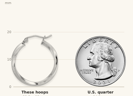 Classique True Size: Sterling Silver Rhodium-plated Twisted 2.5x25mmHoop Earrings shown next to a US quarter (24.3 mm)