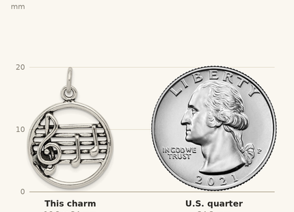 Classique True Size: Sterling Silver Antiqued Music Staff Charm shown next to a US quarter (24.3 mm)