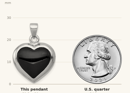 Classique True Size: Sterling Silver Rhod-pltd Onyx/Mother of Pearl Reversible Heart Pendant shown next to a US quarter (24.3 mm)