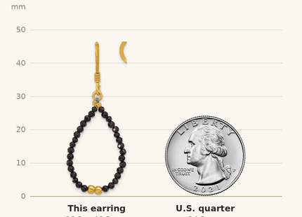 Classique True Size: Sterling Silver Gold-plated Polished Black Spinel Teardrop Dangle Earrings shown next to a US quarter (24.3 mm)