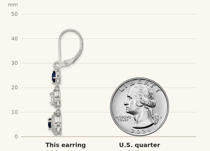 Classique True Size: Cheryl M Sterling Silver Rhodium-plated Cushion-cut/Brilliant-cut Blue Glass and Brilliant-cut White CZ Leverback Dangle Earrings shown next to a US quarter (24.3 mm)