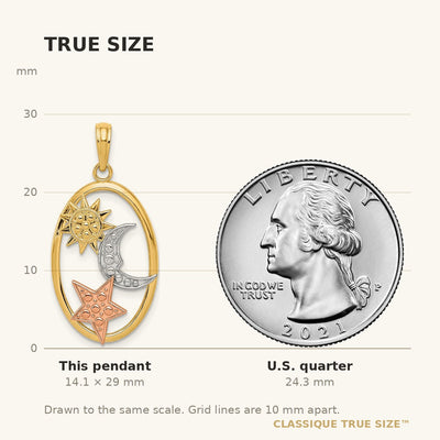 14K Two-tone w/White Rhodium Sun, Moon and Star Oval Pendant