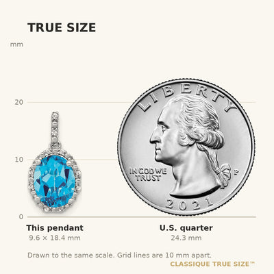14K White Gold Oval Blue Topaz and Diamond Halo Pendant