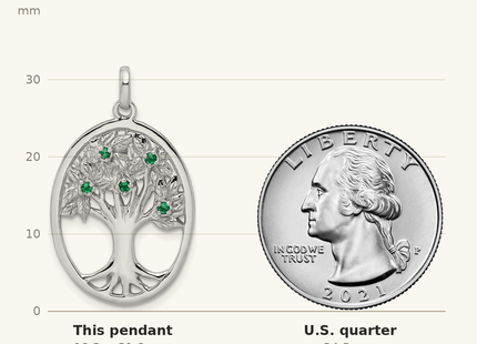 Classique True Size: Sterling Silver Rhodium-plated Green Glass Buds Oval Tree Pendant shown next to a US quarter (24.3 mm)