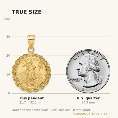 Wideband Distinguished Coin Jewelry 14K Polished Rope Mounted 1/10oz American Eagle Prong Coin Bezel Pendant