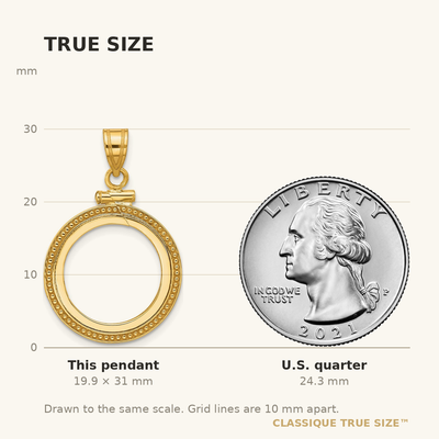 Wideband Distinguished Coin Jewelry 14K Polished and Beaded x Screw Top Coin Bezel Pendant, 31 x 19.7mm