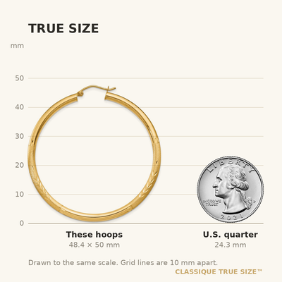 14K Satin and Diamond-cut Round Hoop Earrings, 50 x 3mm