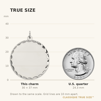 Sterling Silver Rhod-plated Eng. Round Polish Front/Satin Back Disc Charm, 37 x 29mm