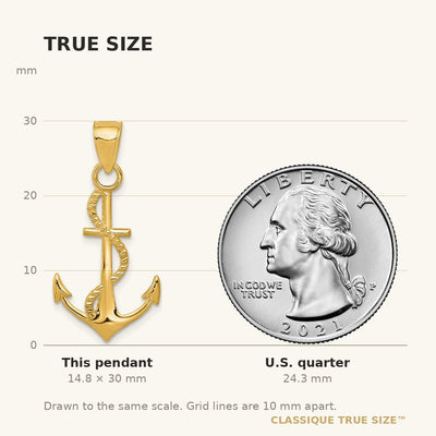 14K Gold Polished Anchor W/Rope Pendant