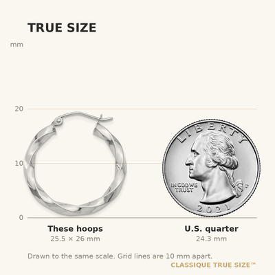 14K White Gold Twisted Hoop Earrings, 26 x 3mm