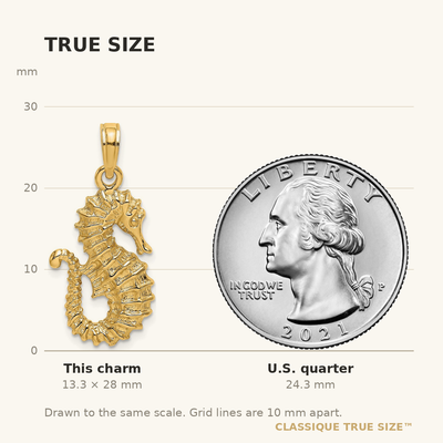14K Textured Seahorse Charm, 28 x 12.2mm