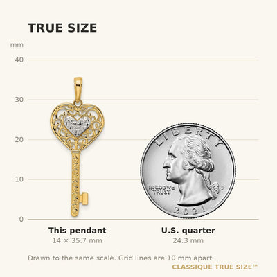 14K and White Rhodium Diamond-cut Heart Filigree Key Pendant