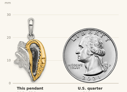 Classique True Size: De-Ani Sterling Silver Rhodium-Plated 3D Conch Shell with 14k Accent Pendant shown next to a US quarter (24.3 mm)