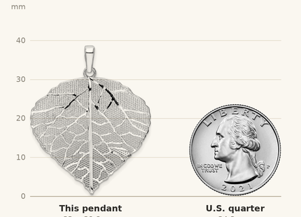 Classique True Size: Sterling Silver Rhodium-plated Polished & D/C Lrg Leaf Pendant shown next to a US quarter (24.3 mm)