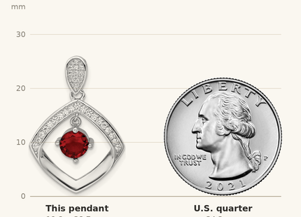 Classique True Size: Sterling Silver RH-plated Red Glass & Clear CZ Fancy Square Pendant shown next to a US quarter (24.3 mm)
