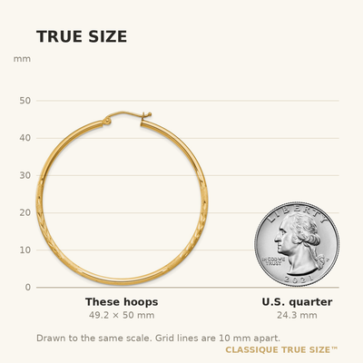 14K Satin and Diamond-cut Round Tube Hoop Earrings, 50 x 2mm