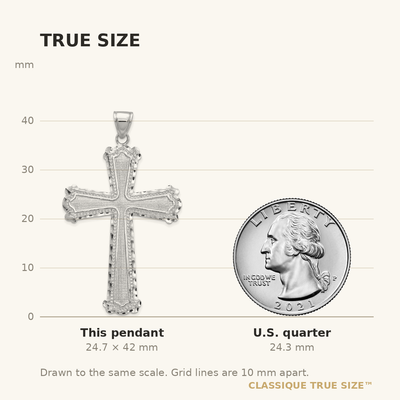 14K White Gold Diamond-cut Cross Pendant, 42 x 25mm
