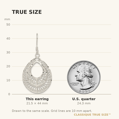 Sterling Silver Polished Textured D/C Filigree Teardrop Dangle Earrings, 44 x 25mm