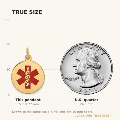 14K Round Red Enameled Medical Jewelry Pendant, 22 x 16mm