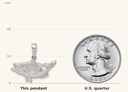 Classique True Size: De-Ani Sterling Silver Rhodium-Plated Polished Open Mouth Bass Fish Pendant shown next to a US quarter (24.3 mm)
