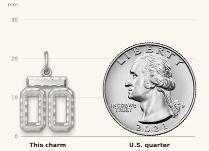 True size: Sterling Silver Rhodium-plated Small Diamond-cut #00 Charm shown next to a US quarter (24.3 mm)
