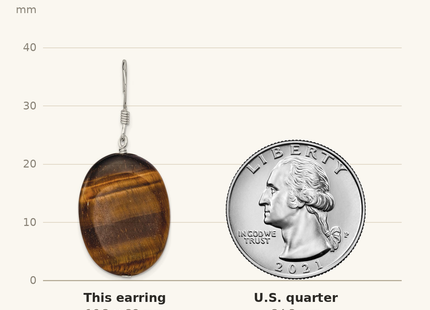 Classique True Size: Sterling Silver Polished Tiger's Eye Oval Dangle Earrings shown next to a US quarter (24.3 mm)