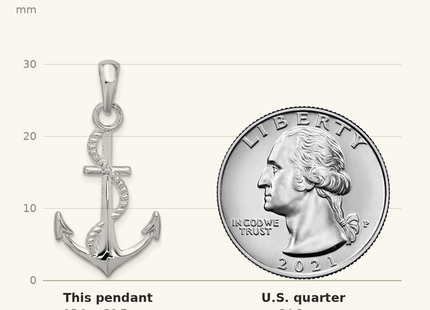 Classique True Size: De-Ani Sterling Silver Rhodium-plated Polished 3D Anchor and Rope Pendant shown next to a US quarter (24.3 mm)