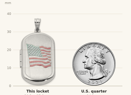 Classique True Size: Sterling Silver Rh-plated Satin/Polished Epoxy Flag Locket shown next to a US quarter (24.3 mm)