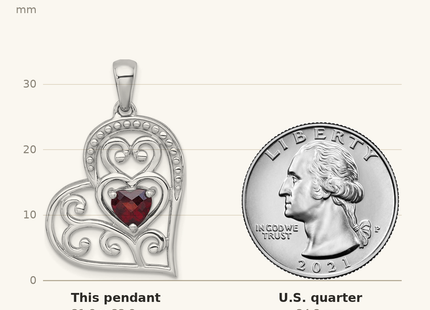 Classique True Size: Sterling Silver Rhodium-plated Polished and Beaded Garnet Filigree Heart Pendant shown next to a US quarter (24.3 mm)