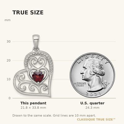 Sterling Silver Rhodium-plated Polished and Beaded Garnet Filigree Heart Pendant