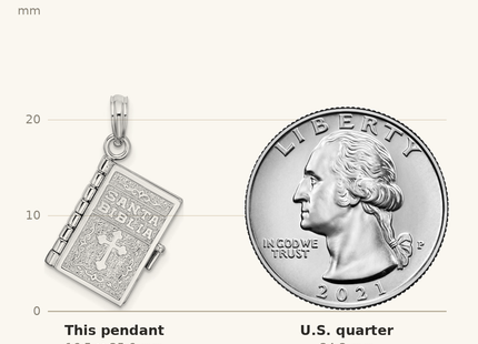 Classique True Size: De-Ani Sterling Silver Rhodium-Plated Moveable 3D Spanish Santa Biblia Pendant shown next to a US quarter (24.3 mm)