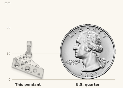 Classique True Size: De-Ani Sterling Silver Rhodium-Plated Polished Cheese Wedge Pendant shown next to a US quarter (24.3 mm)