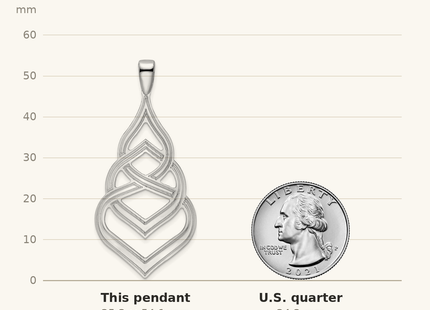 Classique True Size: Sterling Silver Rhod. Polished Grooved Fancy Drop Pendant shown next to a US quarter (24.3 mm)